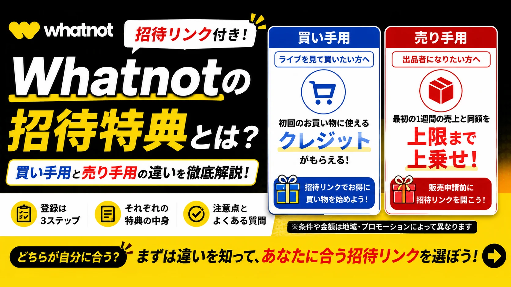 Whatnotの招待特典とは？招待リンク付き。買い手用は初回のお買い物に使えるクレジット、売り手用は最初の1週間の売上と同額を上限まで上乗せ。
