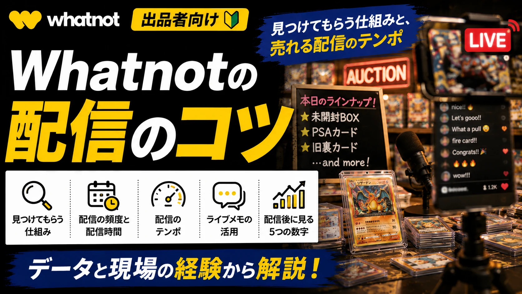 Whatnotの配信のコツ【出品者向け】。見つけてもらう仕組み、配信の頻度と配信時間、配信のテンポ、ライブメモの活用、配信後に見る5つの数字を、データと現場の経験から解説。